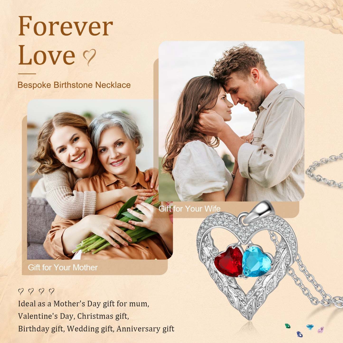 Mother's Day Gift Heart Feather Necklace with 2 Birthstones Birthday Gift for Women-Engravingift