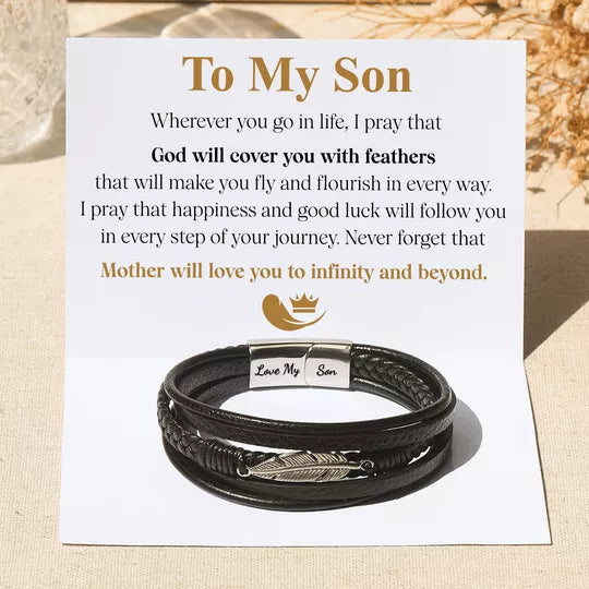 Father's Day Gift To My Son "Love You To Infinity And Beyond" Feather Bracelet for son-Engravingift