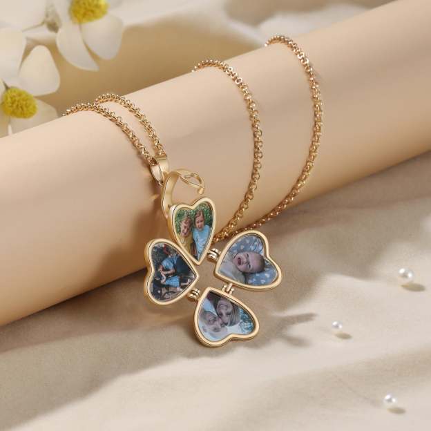 Christmas Gift Personalized Four Leaf Clover Photo Necklace Folding Vintage Locket Necklace