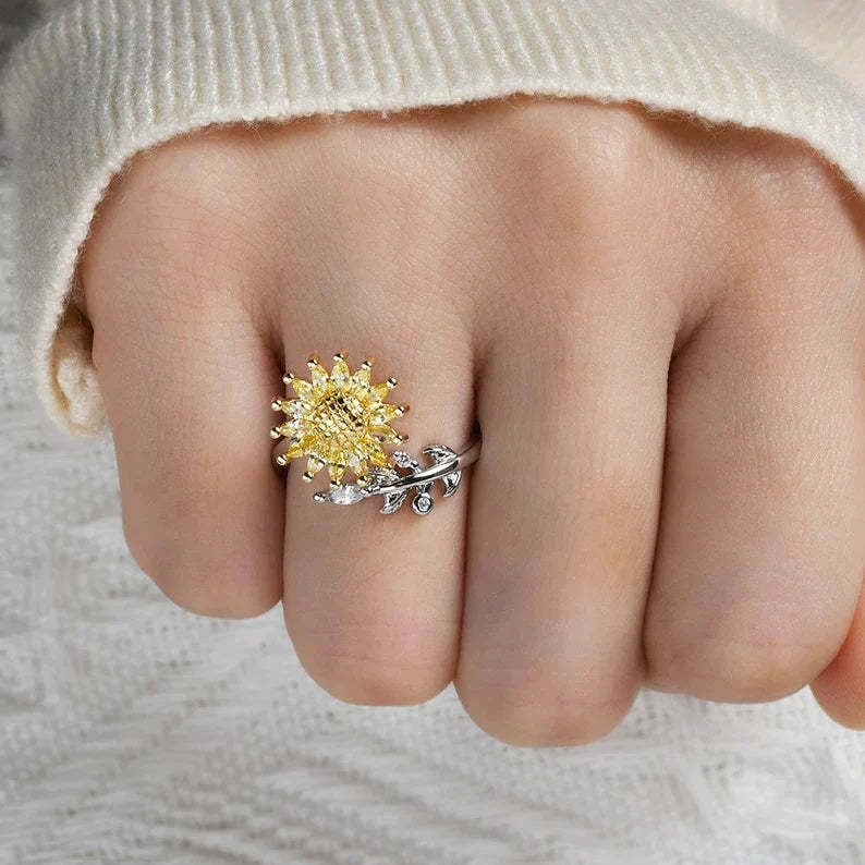 Mother's Day Gift For Daughter-S925 Sunflower Fidget Ring Anxiety Spinning Ring" It Can Drive Away Your Anxiety"-Engravingift