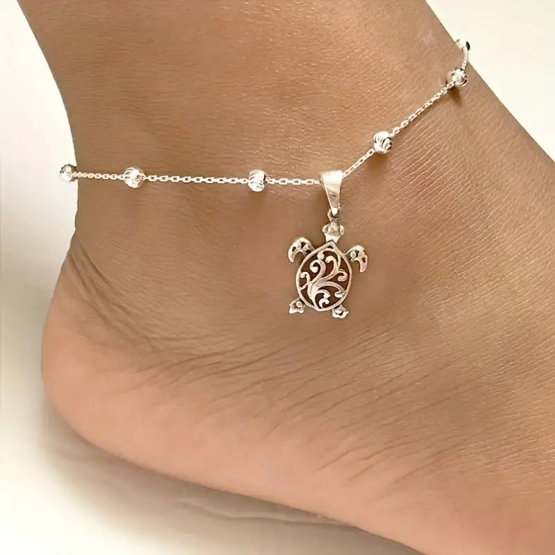 Mother's Day Gift Oval Beads Turtle Shape Pendant Chain Anklet Women's Summer Beach Vacation Ankle Bracelet-Engravingift