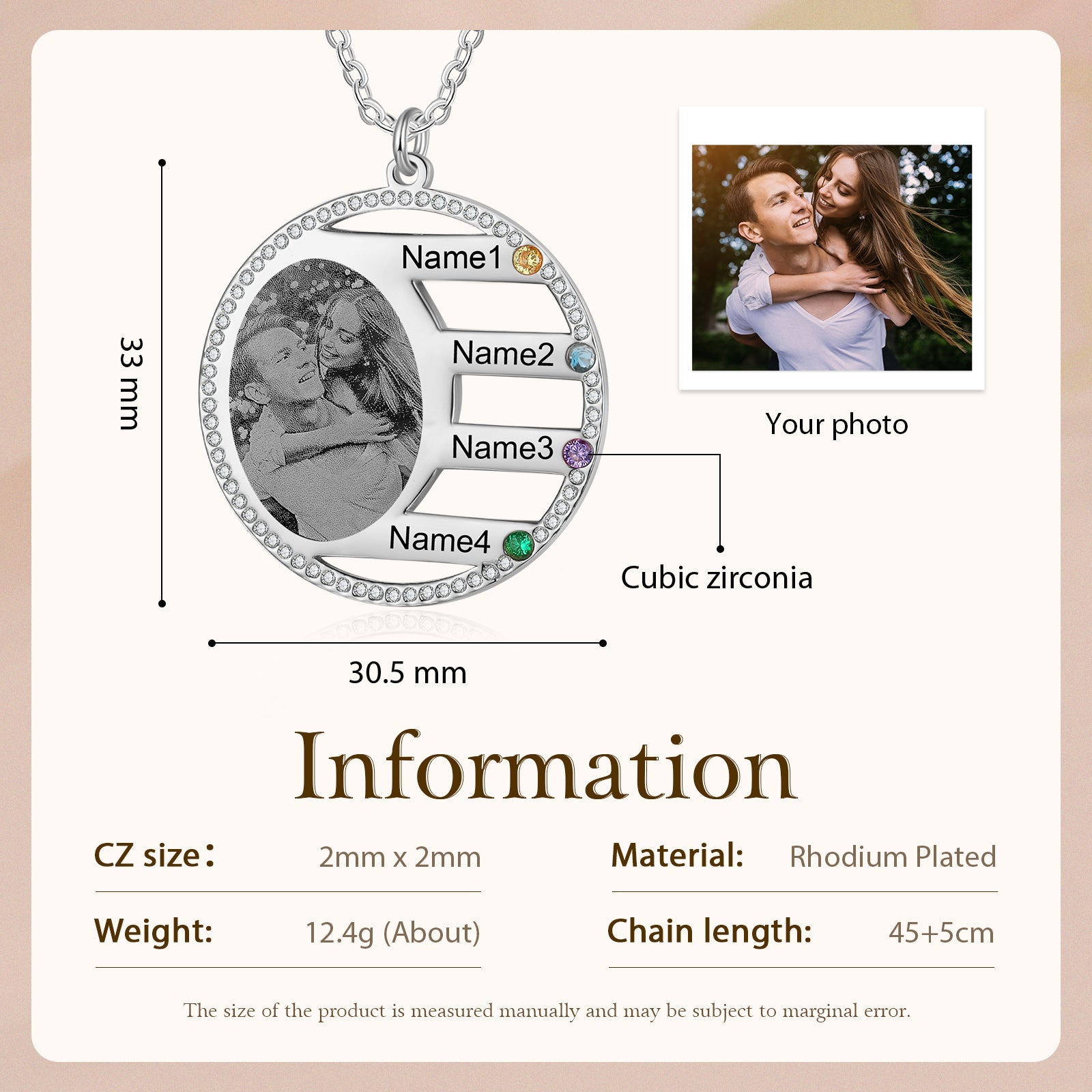 Mother's Day Gift Custom Photo Pendant Necklace with 4 Birthstones Anniversary Birthday Gift for Mother Grandma-Engravingift