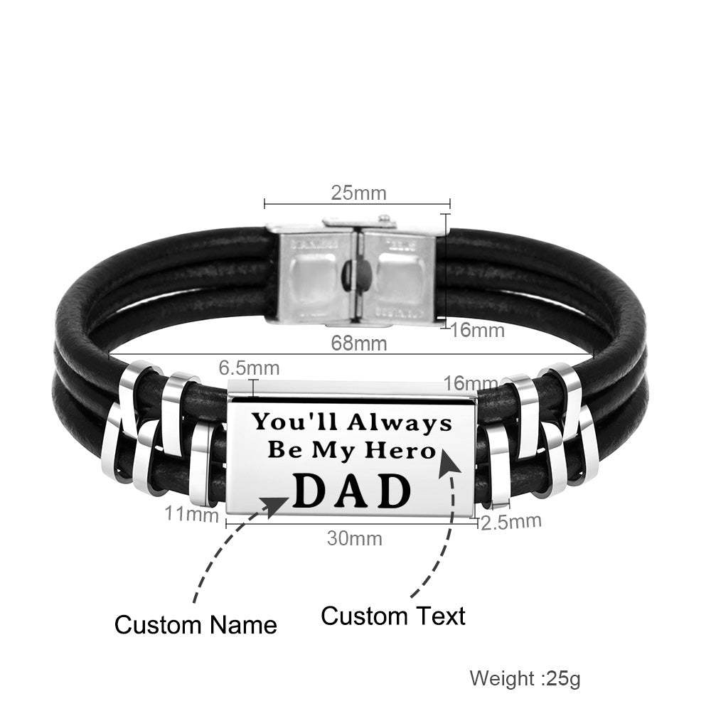 Christmas Gift Personalized Men Leather Bracelet Engraved Name and Text ID Bar Bracelet