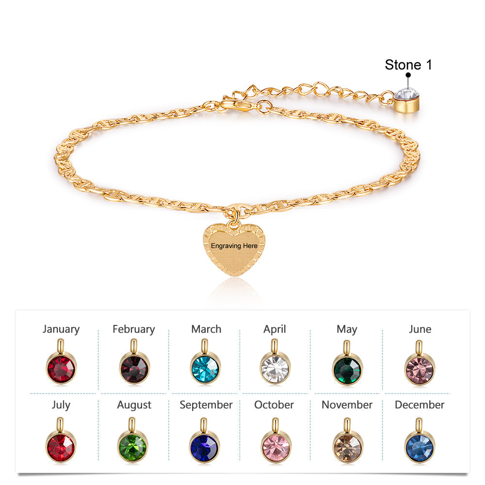 Mother's Day Gift Personalized Initial Anklet with Birthstone Heart Pendant Ankle Bracelet for Women-Engravingift