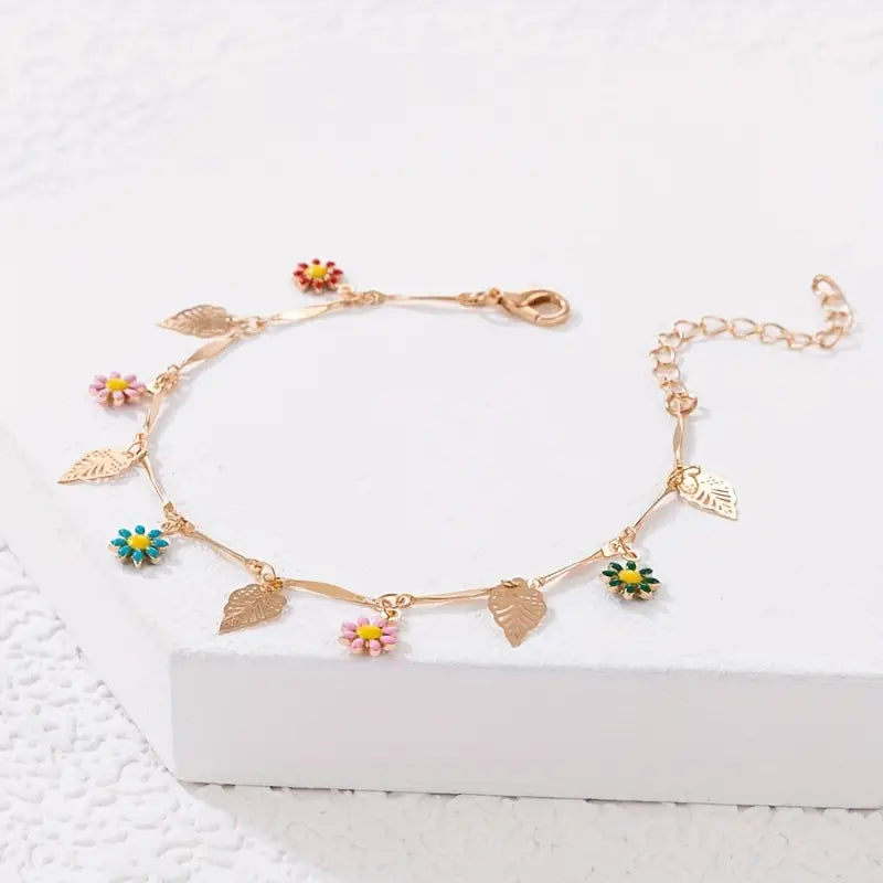 Mother's Day Colorful Oil Flower Tassel Pendant Single-layer Anklet Boho Style Ankle Bracelet-Engravingift