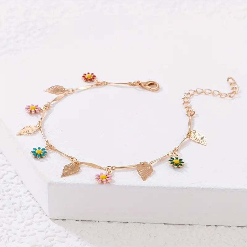 Mother's Day Colorful Oil Flower Tassel Pendant Single-layer Anklet Boho Style Ankle Bracelet-Engravingift
