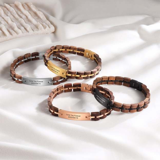 Christmas Gift Personalized ID Bar Bracelet in Black with Wood Link Chain Men Bracelet