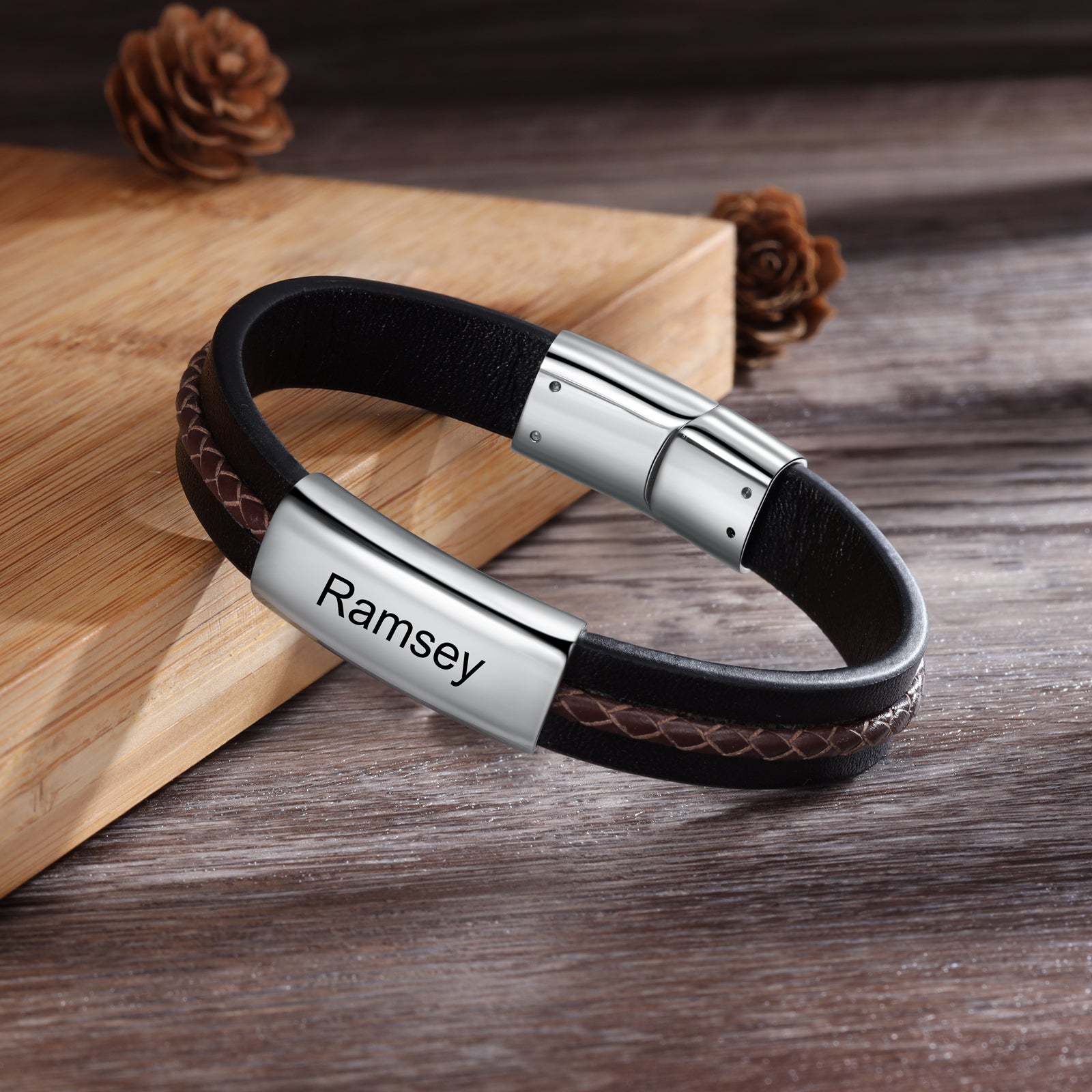 Christmas Gift Men Leather Bracelet Personalized Name ID Bar Bracelet for Him