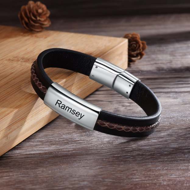 Christmas Gift Men Leather Bracelet Personalized Name ID Bar Bracelet for Him