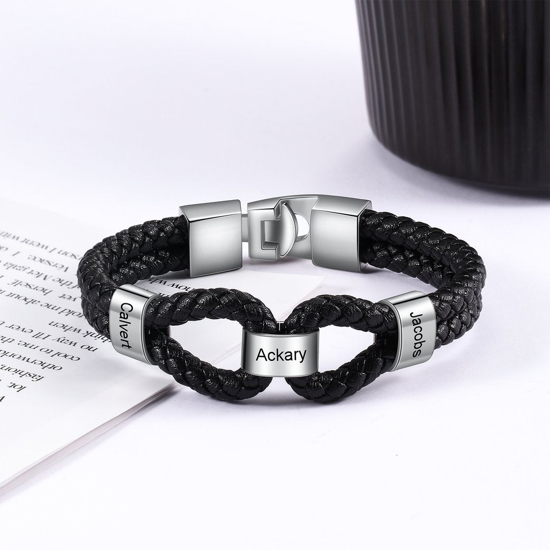 Christmas Gift Braided Leather Bracelet With Beads Engraved Names