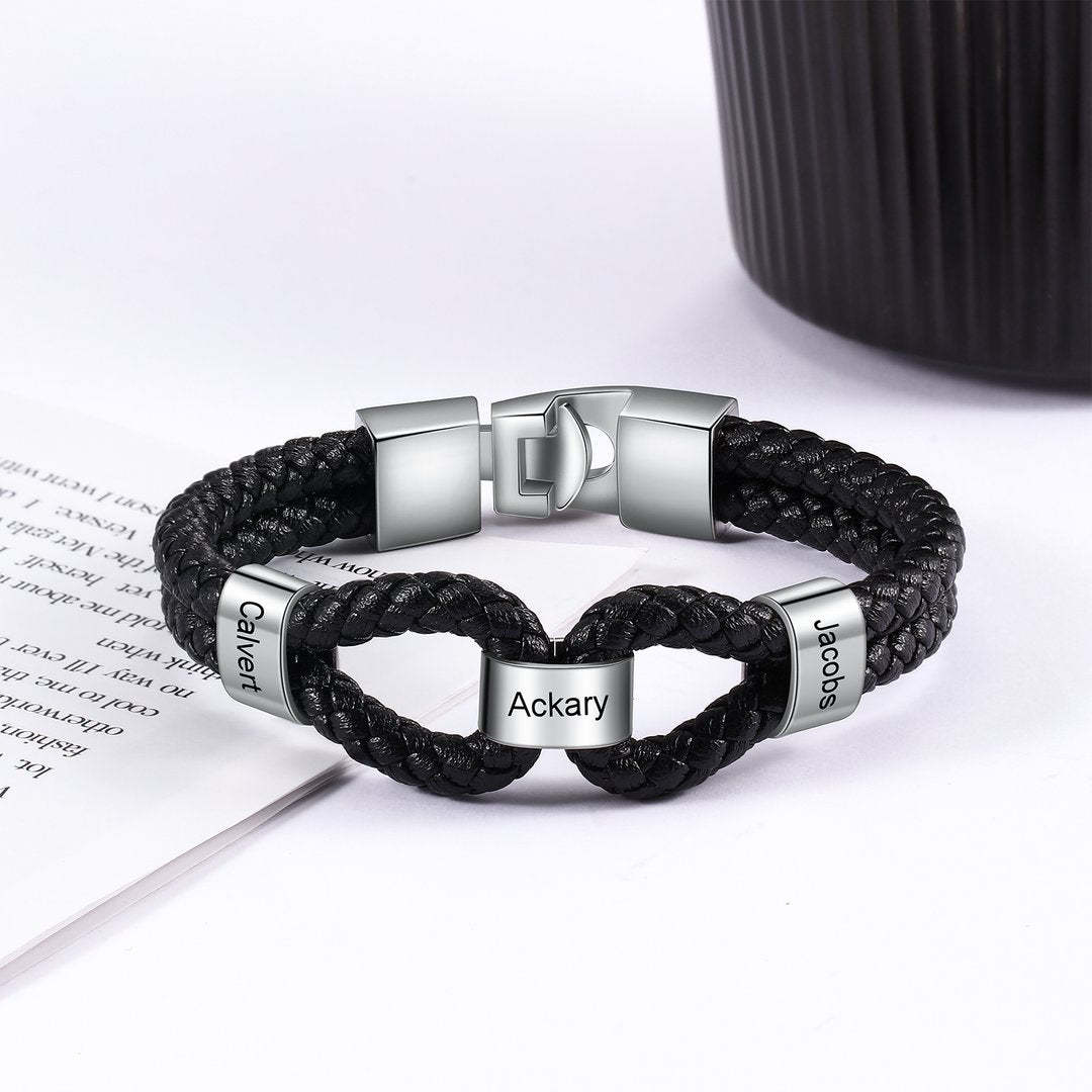 Christmas Gift Braided Leather Bracelet With Beads Engraved Names