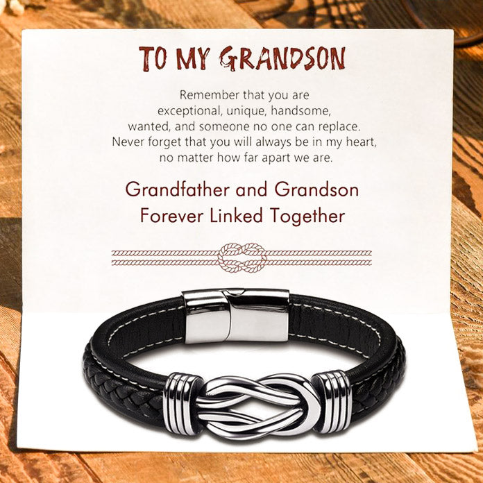 Christmas Gift To My Grandson Knot Leather Bracelet "Never Forget That You Will Always Be in My Heart"-Engravingift