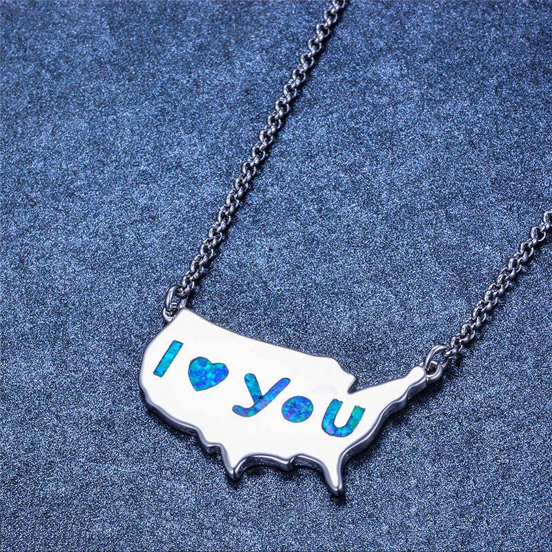 Mother's Day Gift Blue Opal America Map Necklace Birthday Gifts for Women-Engravingift