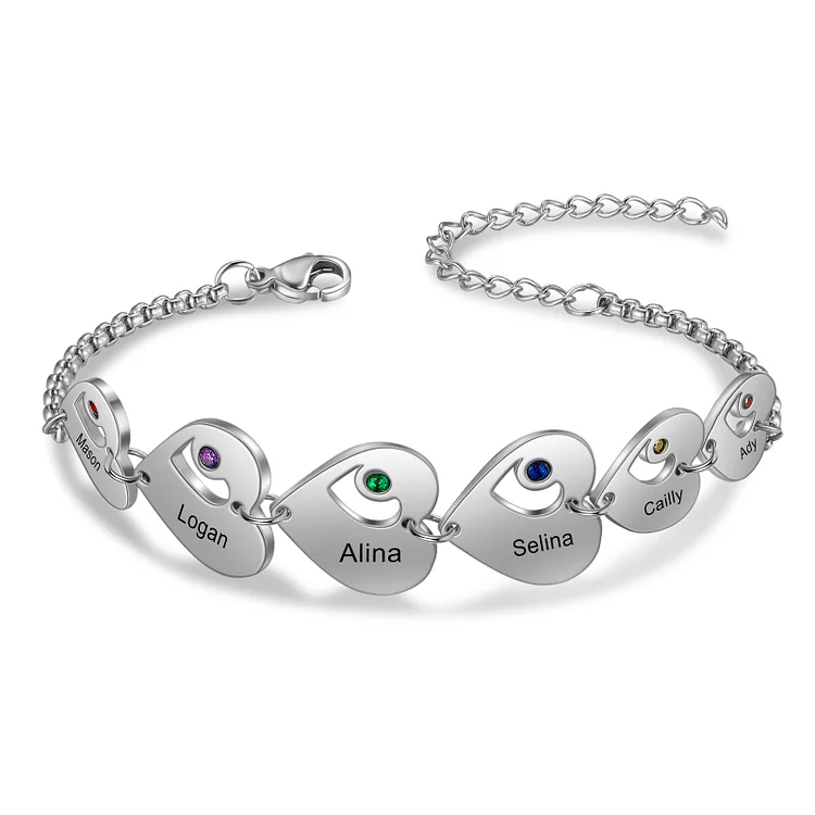 Personalized Heart Bracelet Custom Names & Birthstones Family Bracelet Gifts for Her