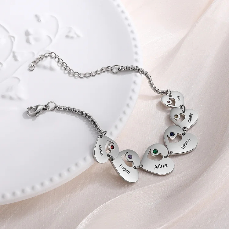 Personalized Heart Bracelet Custom Names & Birthstones Family Bracelet Gifts for Her
