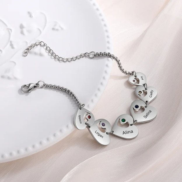 Personalized Heart Bracelet Custom Names & Birthstones Family Bracelet Gifts for Her