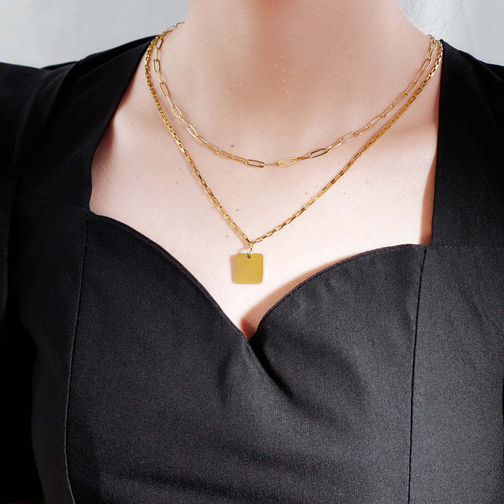 Mother's Day Gift Double chain square pendant necklace-Engravingift