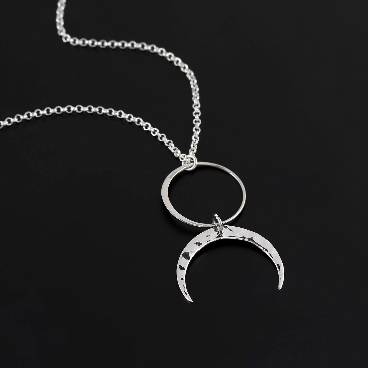 Christmas Gift Two Cups Circle and Hammered Crescent Moon Necklace
