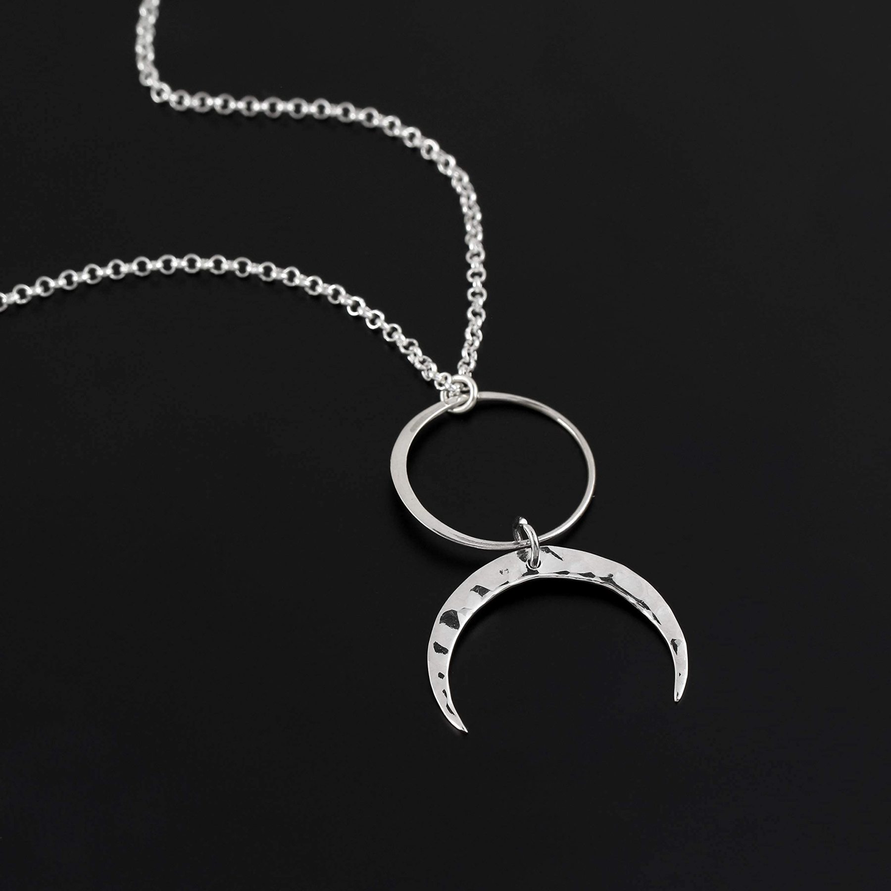 Christmas Gift Two Cups Circle and Hammered Crescent Moon Necklace