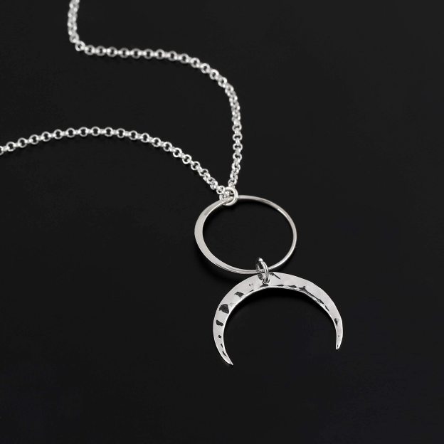 Christmas Gift Two Cups Circle and Hammered Crescent Moon Necklace