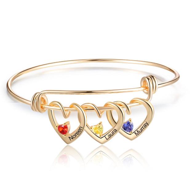 Mother's Day Gift Heart Pendants Bangle Bracelet with 3 Names and Birthstones Gifts for Mom-Engravingift