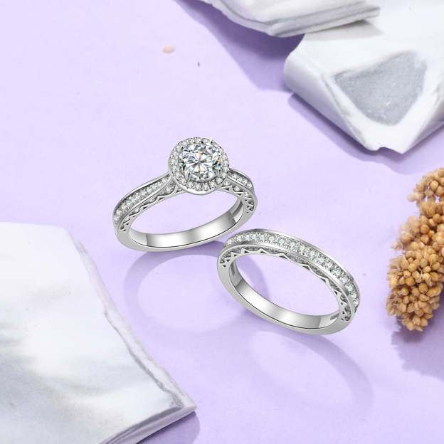 Mother's Day Gift Round Cut Moissanite Diamond Ring Set Dainty Solitaire Engagement Ring-Engravingift