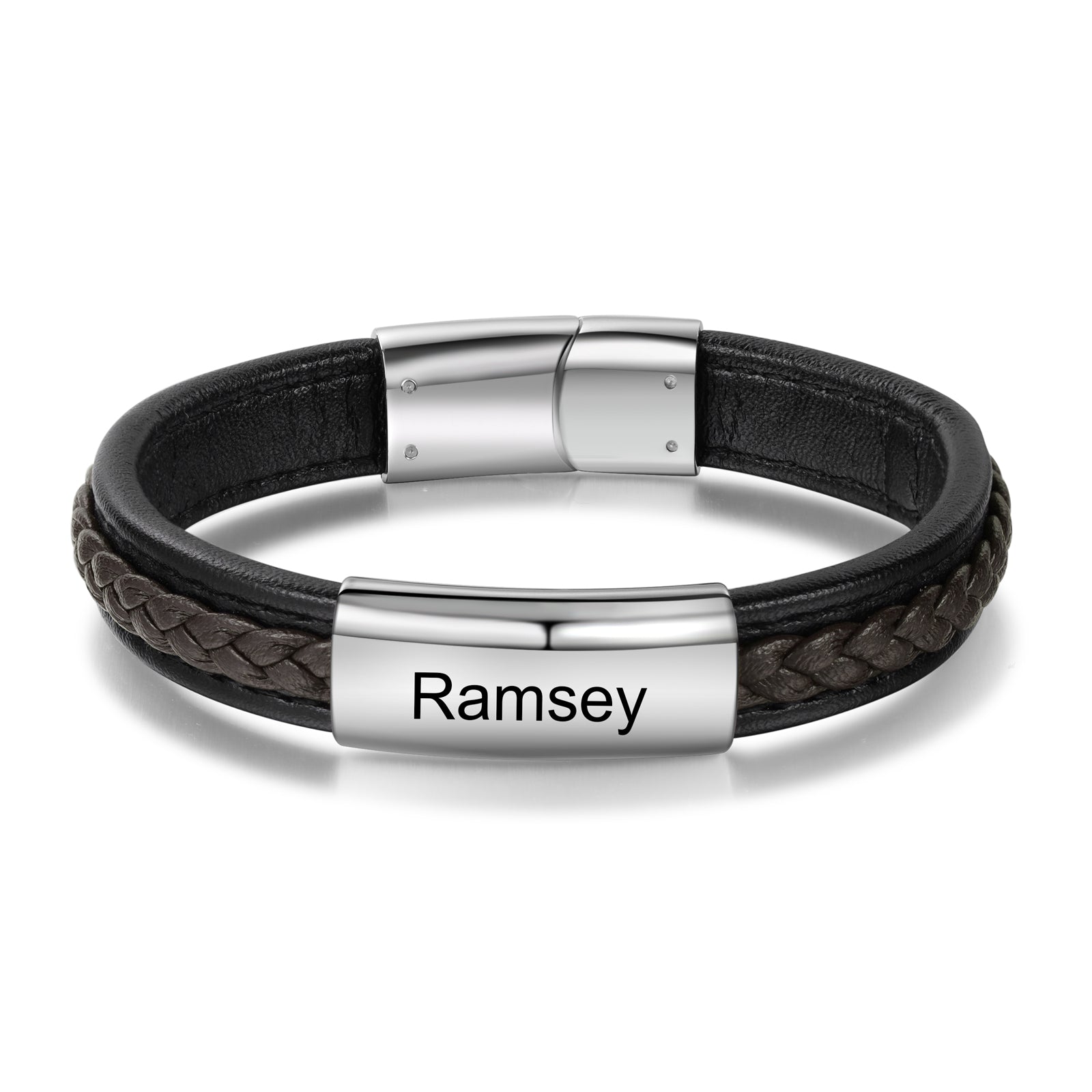 Father's Day Gift Men Leather Bracelet Personalized Name ID Bar Bracelet for Him
