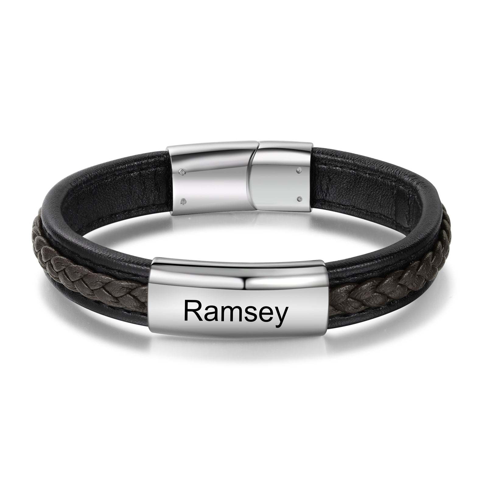 Father's Day Gift Men Leather Bracelet Personalized Name ID Bar Bracelet for Him