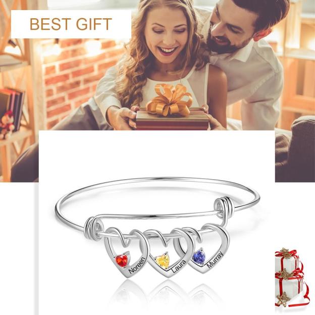 Mother's Day Gift Heart Pendants Bangle Bracelet with 3 Names and Birthstones Gifts for Mom-Engravingift