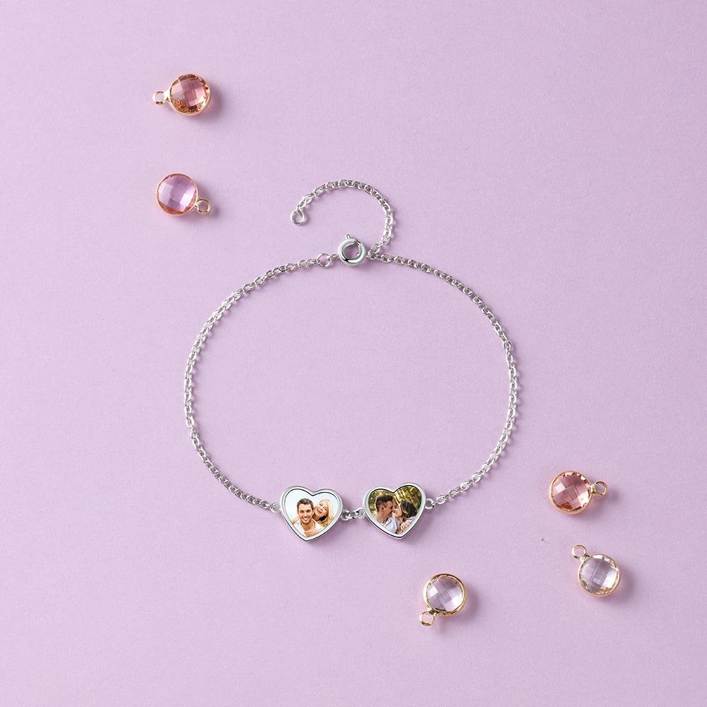 Christmas Gift Personalized Photo Bracelet With Two Heart Pendant Engraved 2 Names