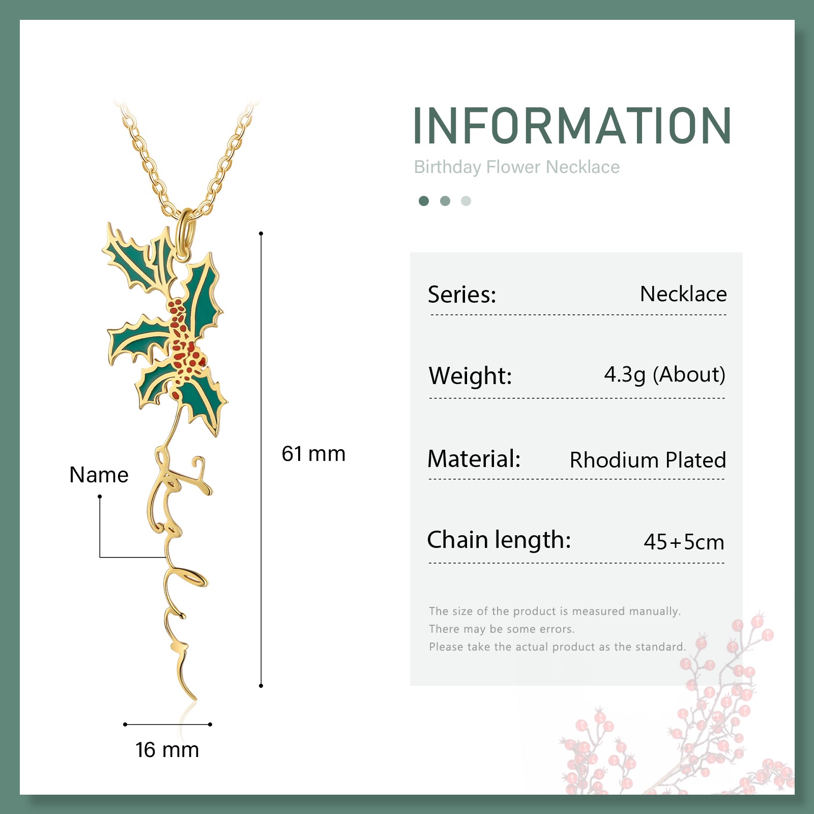 Christmas Gift Holly Name Necklace Custom December Birth Flower Necklace for Her