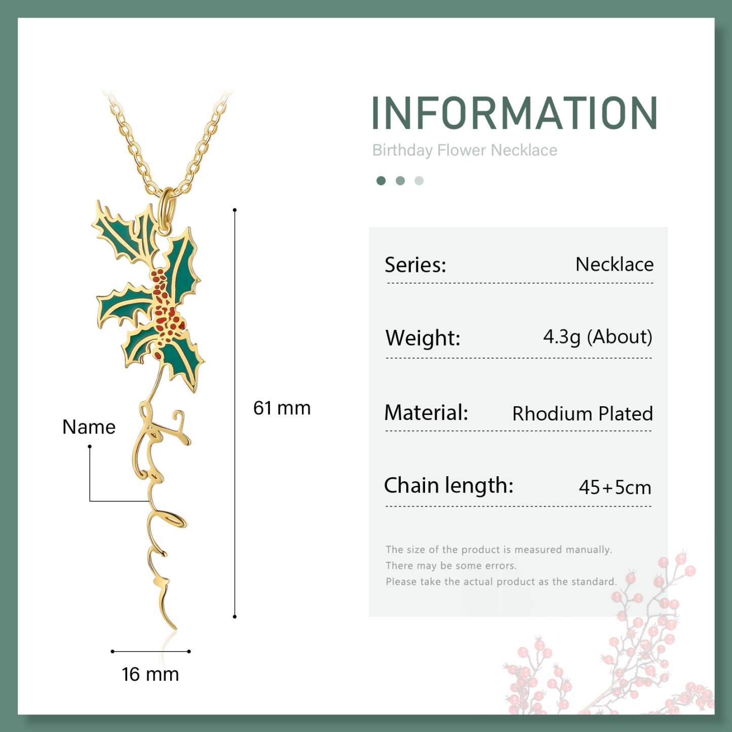 Christmas Gift Holly Name Necklace Custom December Birth Flower Necklace for Her