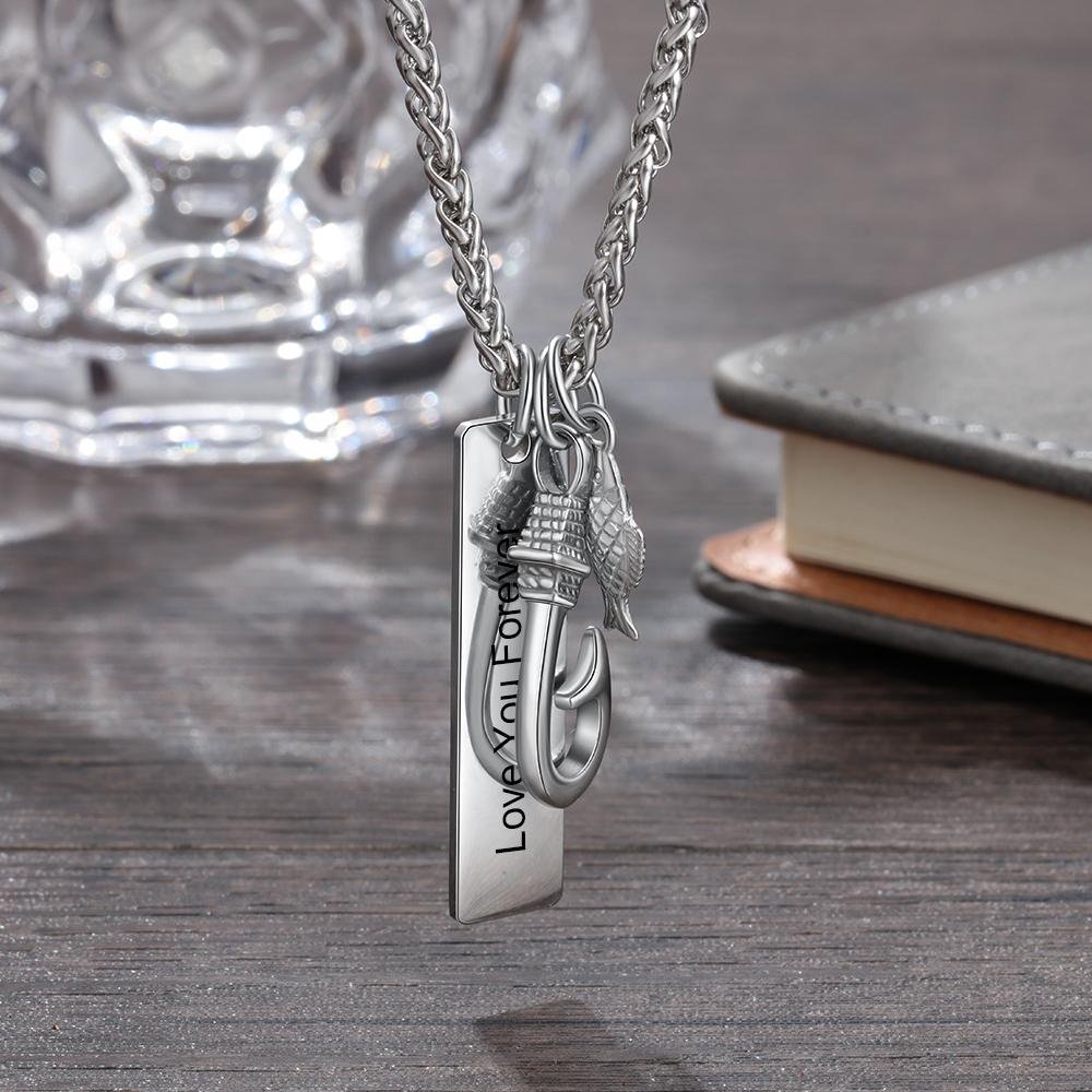 Father's Day gift Men Fish Hook Necklace with Engraved Bar Pendant Charm