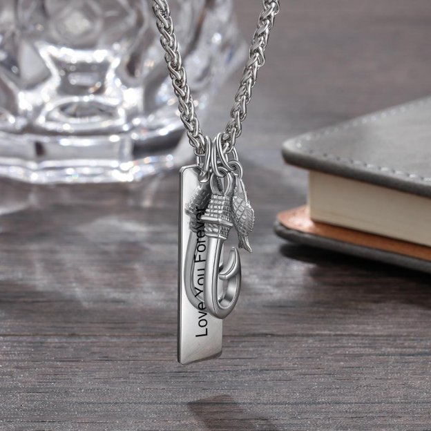 Father's Day gift Men Fish Hook Necklace with Engraved Bar Pendant Charm