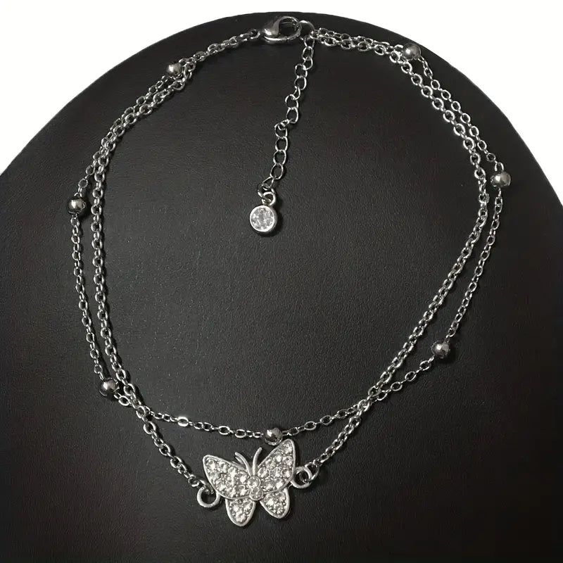 Mother's Day Gift Sparkly Butterfly Double Layers Chain Anklet Versatile Summer Beach Ankle Bracelet White Wedding Foot Ornament-Engravingift