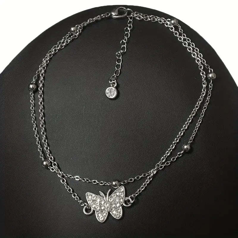 Mother's Day Gift Sparkly Butterfly Double Layers Chain Anklet Versatile Summer Beach Ankle Bracelet White Wedding Foot Ornament-Engravingift