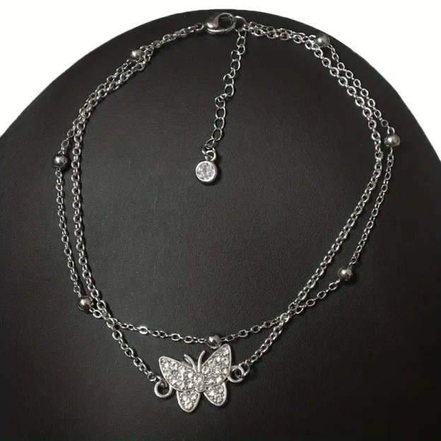 Mother's Day Gift Sparkly Butterfly Double Layers Chain Anklet Versatile Summer Beach Ankle Bracelet White Wedding Foot Ornament-Engravingift
