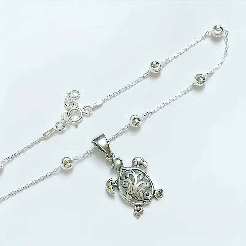 Mother's Day Gift Oval Beads Turtle Shape Pendant Chain Anklet Women's Summer Beach Vacation Ankle Bracelet-Engravingift
