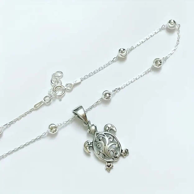 Mother's Day Gift Oval Beads Turtle Shape Pendant Chain Anklet Women's Summer Beach Vacation Ankle Bracelet-Engravingift