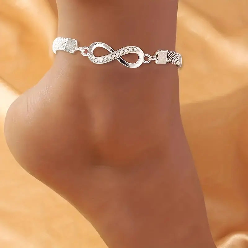 8-character Simple Style Anklet Inlaid Shiny Zircon Elegant Zinc Alloy Ankle Bracelet Sparkly Foot Jewelry Decor-Engravingift