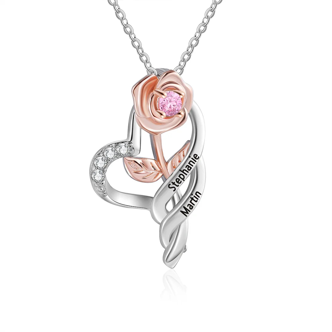 Custom Rose Necklace Engrave 2 Names Necklace With Birthstone