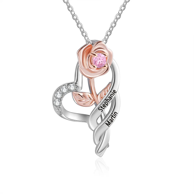 Custom Rose Necklace Engrave 2 Names Necklace With Birthstone