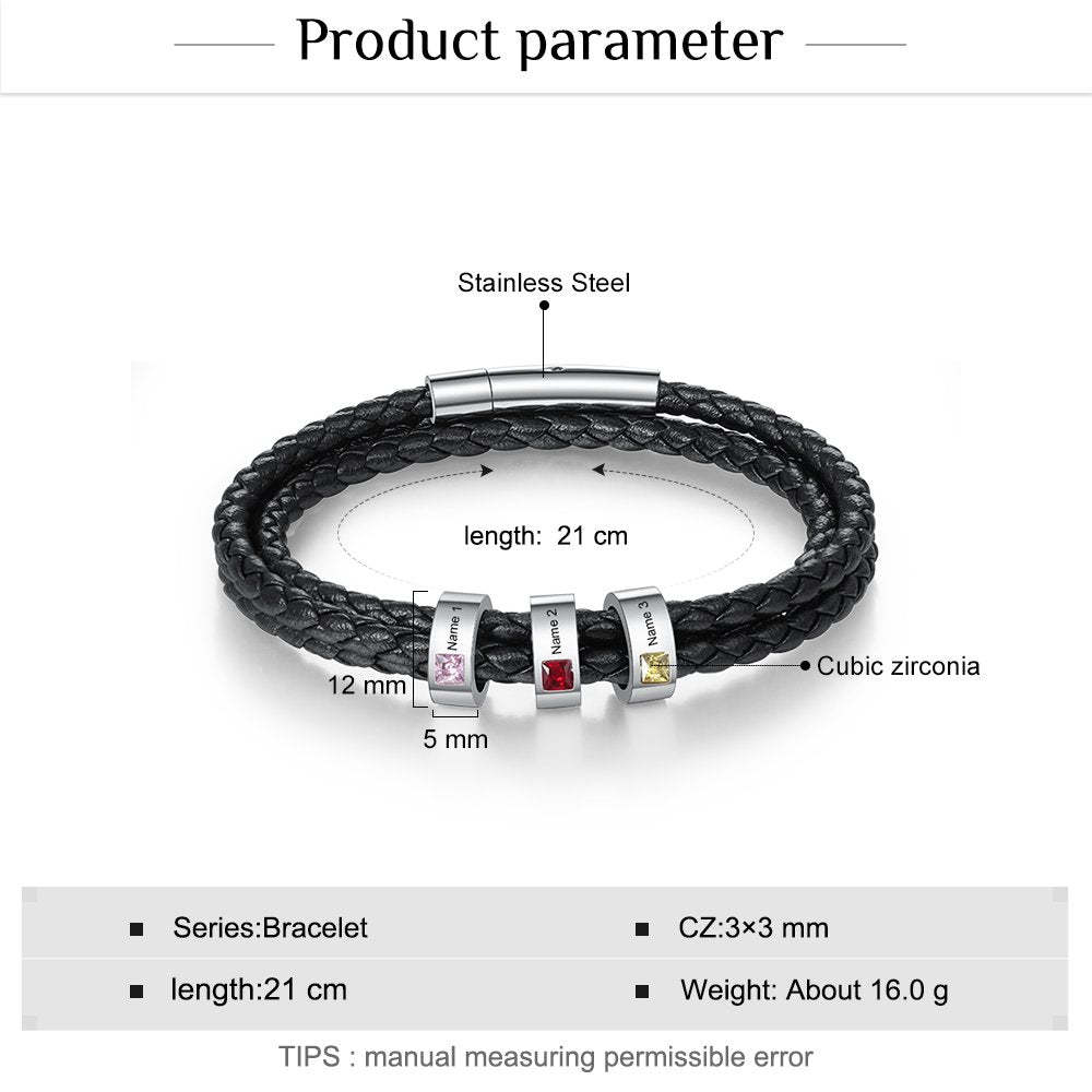Christmas Gift Personalized Mens Leather Bracelet Beads with Birthstones