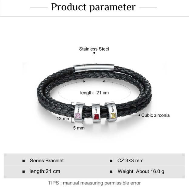 Christmas Gift Personalized Mens Leather Bracelet  Beads with Birthstones