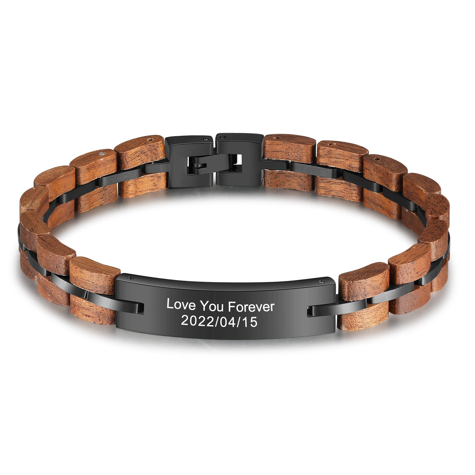Christmas Gift Personalized ID Bar Bracelet in Black with Wood Link Chain Men Bracelet