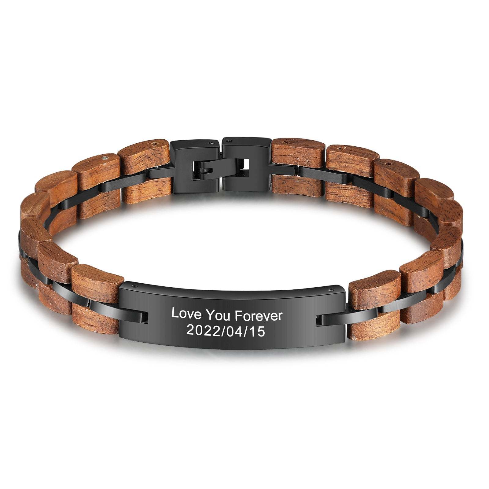 Christmas Gift Personalized ID Bar Bracelet in Black with Wood Link Chain Men Bracelet