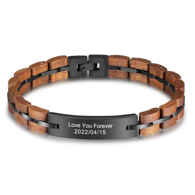 Christmas Gift Personalized ID Bar Bracelet in Black with Wood Link Chain Men Bracelet