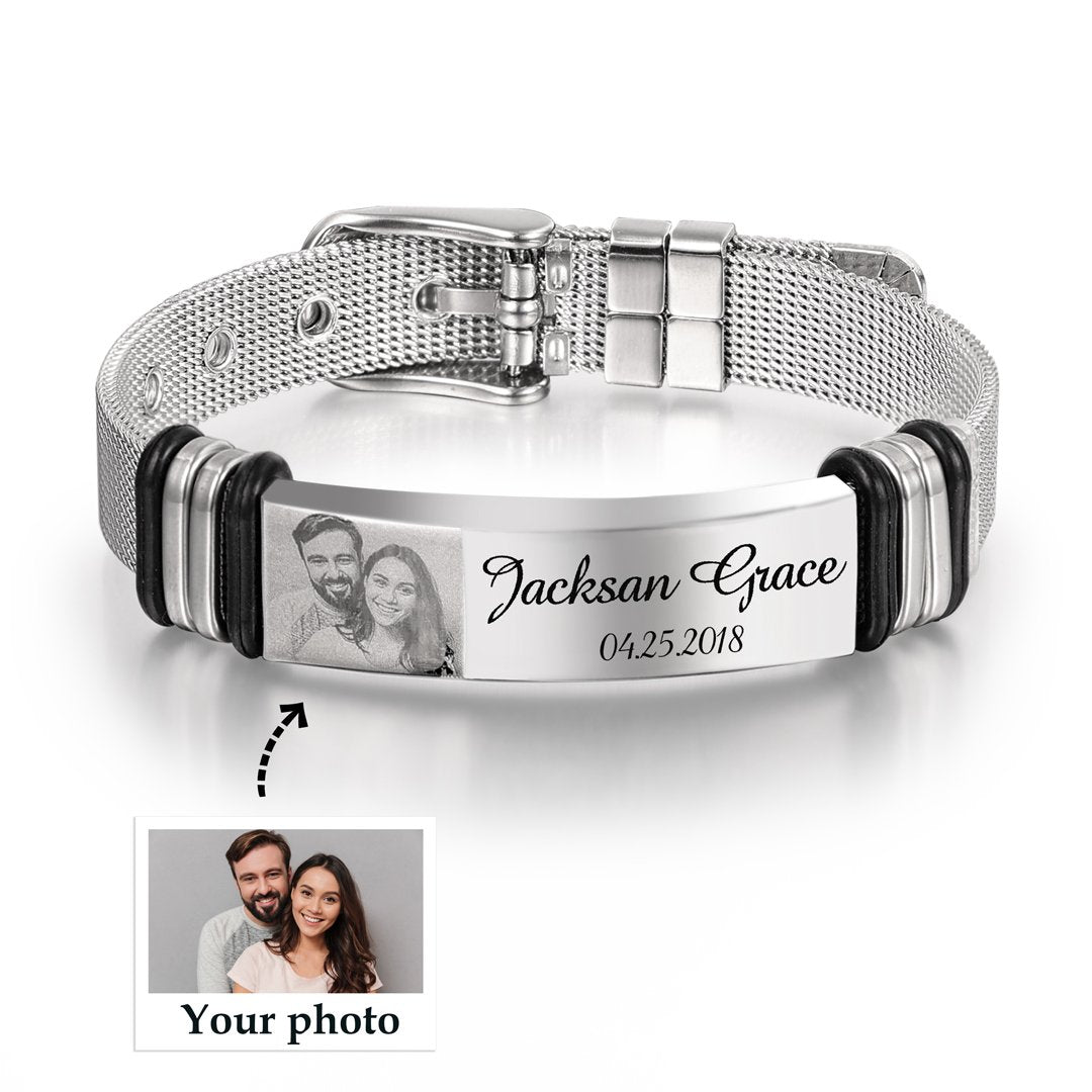 Father's Day Gift Personalized Men Photo Bracelet Engraved ID Bar Bracelet-Engravingift