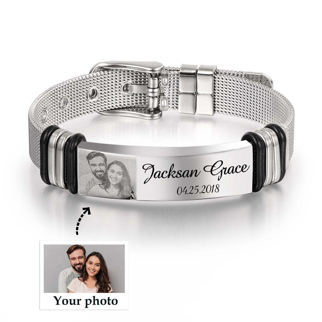 Father's Day Gift Personalized Men Photo Bracelet Engraved ID Bar Bracelet-Engravingift