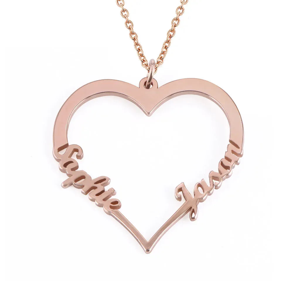 Christmas Gift Contour Heart Pendant Necklace with Two Names
